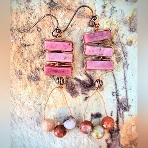 Ancient Inca's Rose Stone Rhodonite In Handwired Handcrafter Earrings In Copper